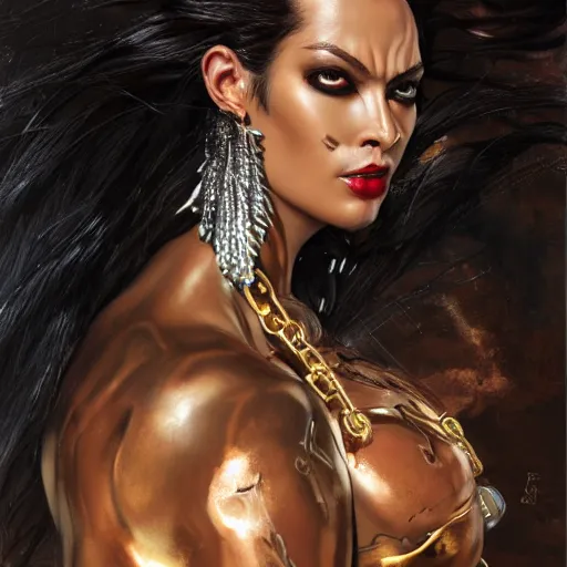 Image similar to detailed oil portrait of tall hyper - muscular shining bronze - skinned warrior woman with silver eyes, full body, with long wavy flowing black hair and big gold earrings, jewelry, red lipstick, makeup, feminine, volumetric lighting, dynamic composition, art by boris vallejo and sachin teng and sergey kolesov and ruan jia and heng z, scifi, concept art