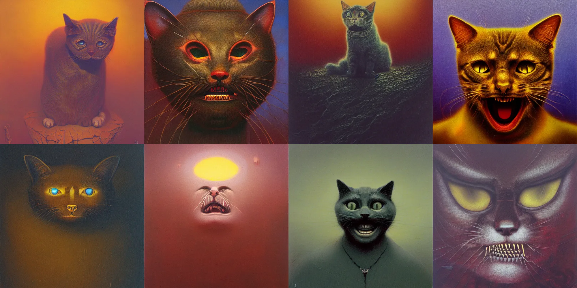 Image similar to grinning evil cat, HD, award winning, in style of beksinski, film grain, medium format, 8k resolution, oil on canvas