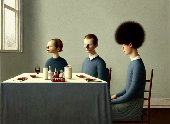 Prompt: a very boring dinner party, painting by quint buchholz and ray caesar, muted colors, gray, dull, boring, low energy, pale blue faces, very detailed