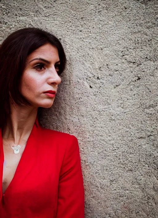 Prompt: close up portrait of beautiful Italian woman, wearing a red outfit, well-groomed model, candid street portrait in the style of Steve McCurry award winning