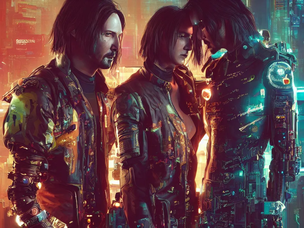 Prompt: a cyberpunk 2077 srcreenshot couple portrait of a Keanu Reeves and a female android final kiss,love,film lighting,by Laurie Greasley,Lawrence Alma-Tadema,Dan Mumford,John Wick,Speed,Replicas,artstation,deviantart,FAN ART,full of color,Digital painting,face enhance,highly detailed,8K,octane,golden ratio,cinematic lighting