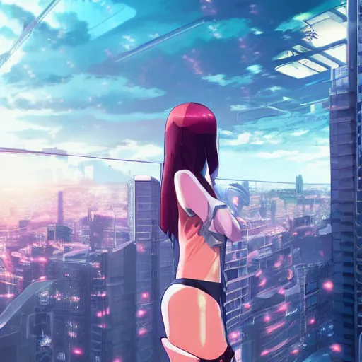 Image similar to a girl stands on top of a multi-storey building, anime style, 4k, cyberpunk city in the background, very detailed, by Ilya Kuvshinov