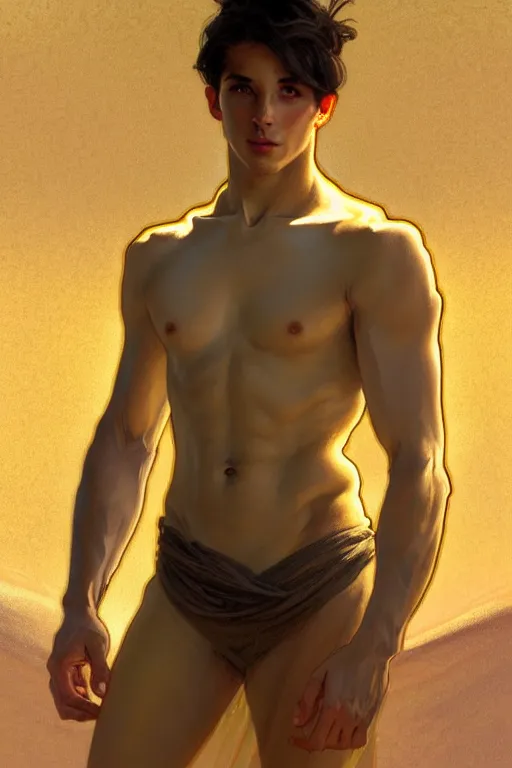 Prompt: full figure beautiful young fit man, fully dressed, luminous scene, by greg rutkowski and alphonse mucha, d & d character, gradient white to gold, in front of a dune desert background, highly detailed portrait, digital painting, artstation, concept art, smooth, sharp focus illustration, artstation hq