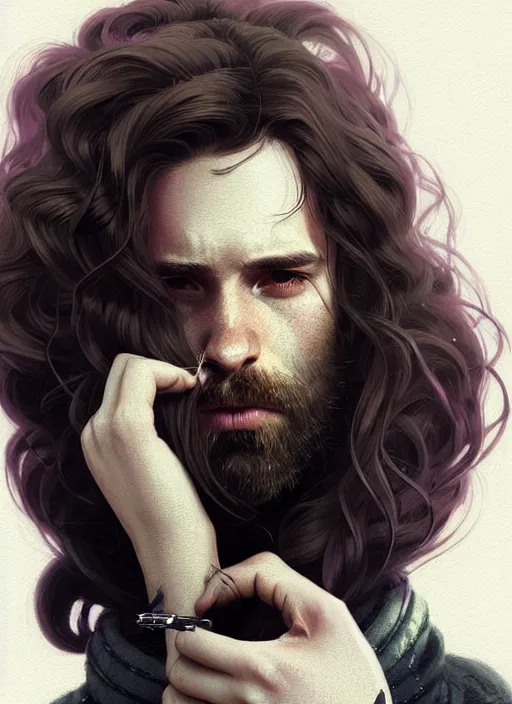 Prompt: highly detailed portrait of a beautiful man with long hair, tartan hoody, photographic realistic background, ringlet hair by atey ghailan, by greg rutkowski, by greg tocchini, by james gilleard, by joe fenton, by kaethe butcher, gradient violet, black, cream and white color scheme, trending in pinterest, award winning details