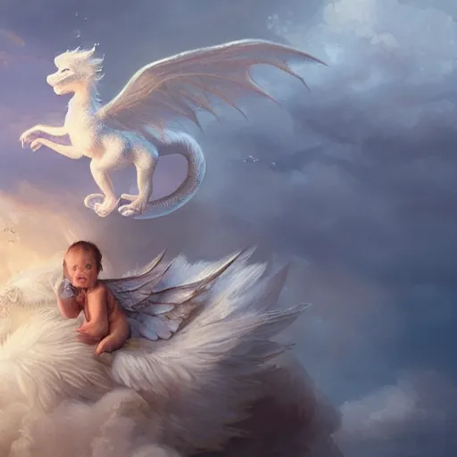 Image similar to a whimsical portrait of a little baby angel on a cute white dragon floating in the sky by Greg Rutkowski, ultra realistic, photorealistic 8k, cinematic lighting, HD, high detail, atmospheric, trending on artstation