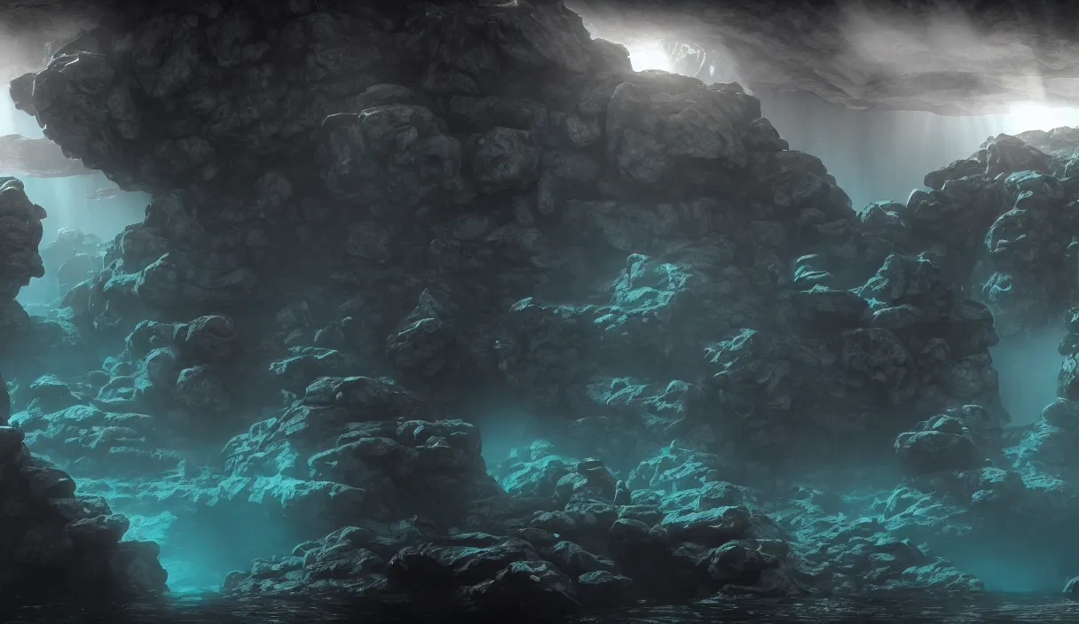 Image similar to low ultrawide shot, dark, underwater statues, submerged pre - incan temple with carvings, abyss, stylized, anime style mixed with fujifilm, detailed gouache paintings, crepuscular rays, dark, murky, foggy, atmospheric, artstation, cgsociety, unreal engine 5, octane render