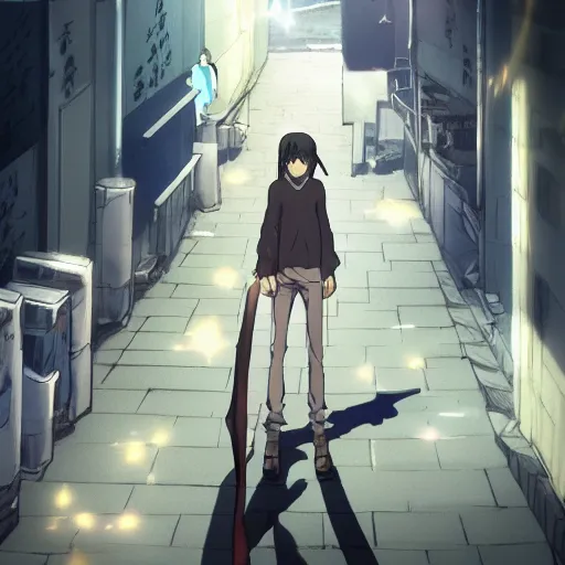 Image similar to fencer, anime style, dark, makoto shinkai, animated, animation, detailed, illustration, moody