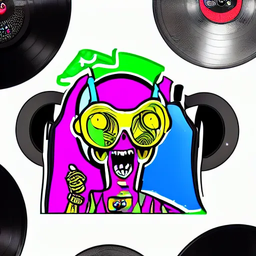 Image similar to svg sticker of a Pop-Wonder Alien-Bog-Monster-Swamp-Rat-Thunder-Coot-Racing-Fan at a rave, spinning records, giant headphones rocking out, wearing headphones, huge speakers, dancing, rave, DJ, spinning records, digital art, amazing composition, rule-of-thirds, award-winning, trending on artstation, featured on deviantart