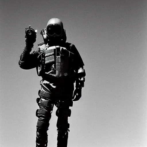 Image similar to a heavily armored man wearing a gasmask, in the desert, film still, panavision panaflex