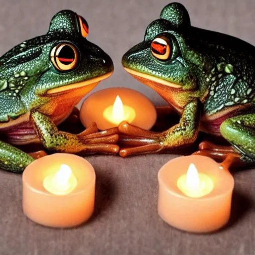 Image similar to intricate romantic candle light dinner of two frogs