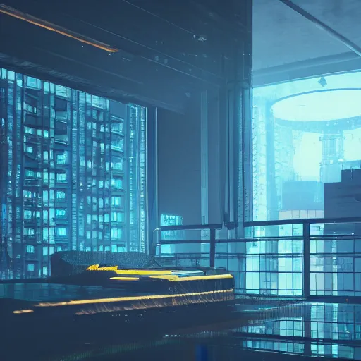 Image similar to cyberpunk nuclear plant, futuristic, apartment, night, rain, volumetric light, ray traced, photography, behance