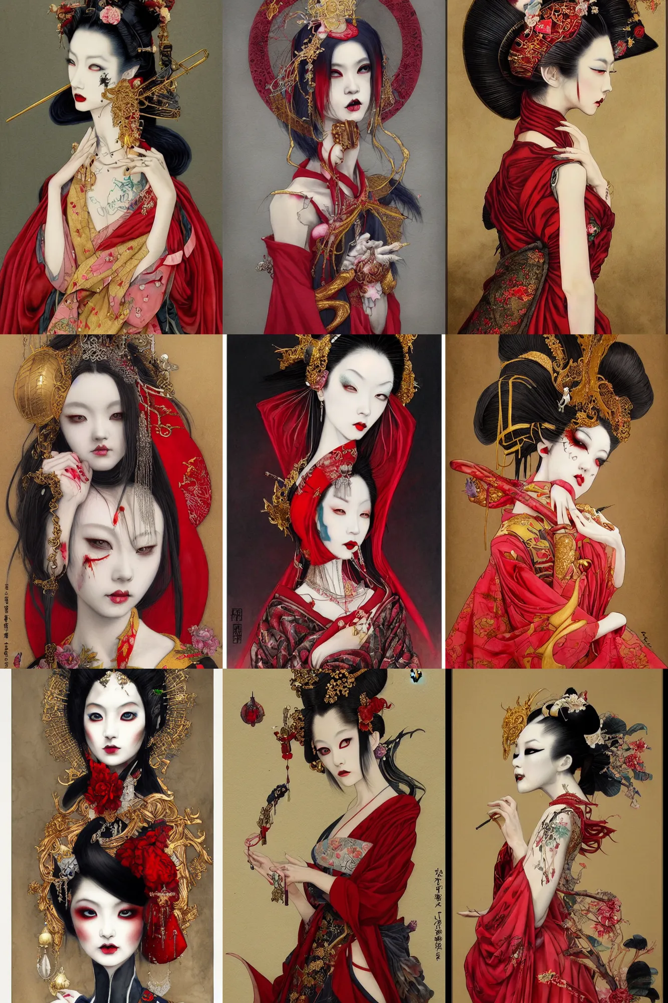 Prompt: watercolor painting of avant - garde portrait of an asian bjd geisha vampire queen with a long neck in a victorian red dress painted by yoshitaka amano, tom bagshaw, ayami kojima, intricate detail, artstation, artgerm, in the style of dark - fantasy, rococo, gold leaf art