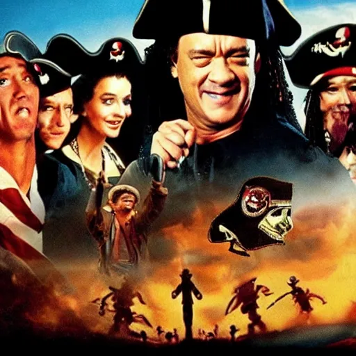 Image similar to a 8 0's movie poster with tom hanks as a pirate, the movie is called saving pirate ryan cinematic photo