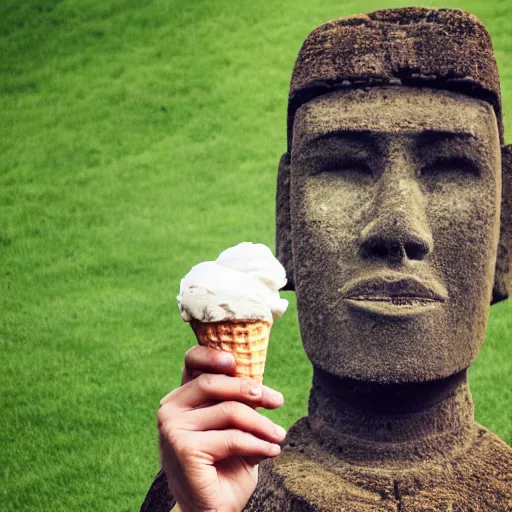 Image similar to a man holding an ice cream cone with a moai 🗿 in it, 4 k photograph