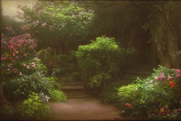 Prompt: secret garden, lush, floral, botanical, romanticism, dark, moody, hudson river school