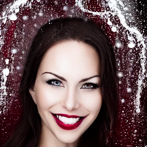 Image similar to professional headshot of an elegant female vampire smiling with droplets of blood splattered across her face. high resolution, realistic, professional lighting, nikon camera, 8 k, imdb. com