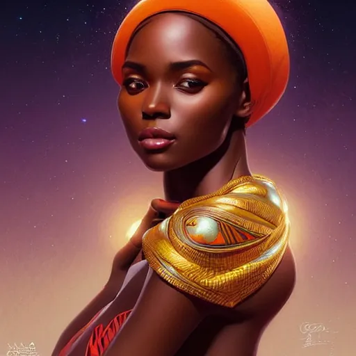 Image similar to portrait of very very very very very very beautiful african woman, spacesuit, orange eyes, intricate, elegant, highly detailed, digital painting, artstation, concept art, smooth, sharp focus, illustration, art by artgerm and greg rutkowski and alphonse mucha