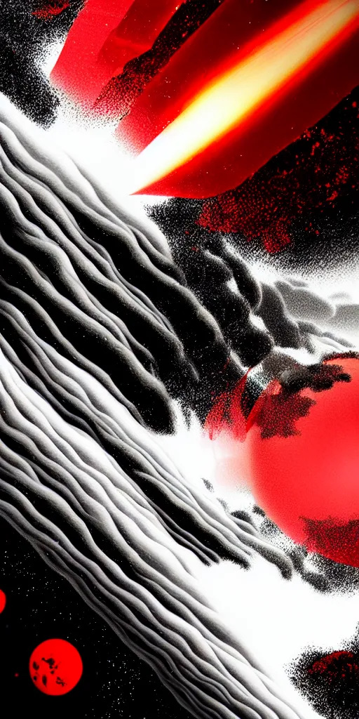 Image similar to black white red, graphic design banner of an exploding raving planet by zhelong xu, hyperrealistic, graphics