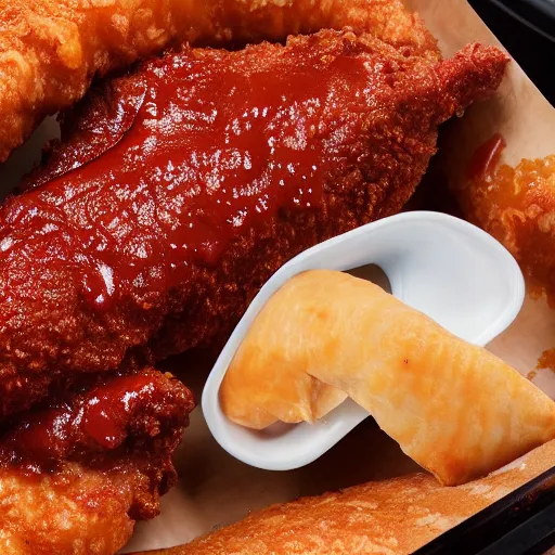 Image similar to 4 k uhd photo of a chicken strip covered in barbecue sauce, kfc product shot