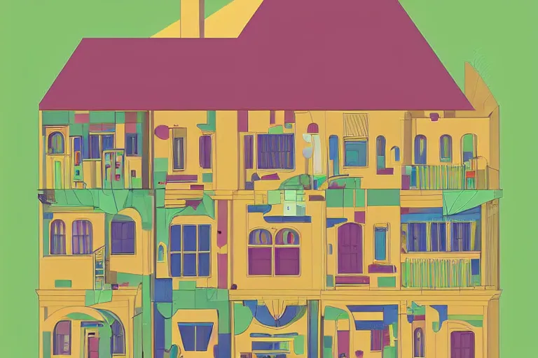 Image similar to a colorful flat 2 dimensional illustration of a cross section of a house, a storybook illustration by muti and tim biskup, minimalism, featured on dribble, arts and crafts movement, behance hd, storybook illustration, dynamic composition