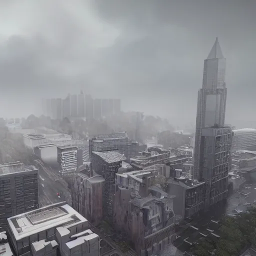Image similar to enormous creature towering over a city during a thunderstorm with fog, hyper realistic, 8 k, unreal engine