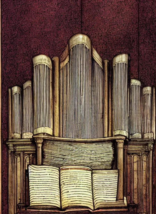 Image similar to pipe organ made of large books, pen and ink digital illustration, subtle colors, by alan lee and john howe