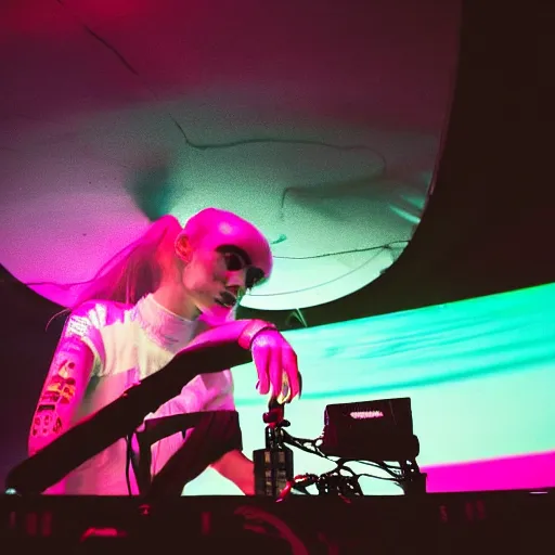 Image similar to grimes on stage djing, volumetric neon lights in the background, gleaming, 3 5 mm photography, portrait!!!!!!