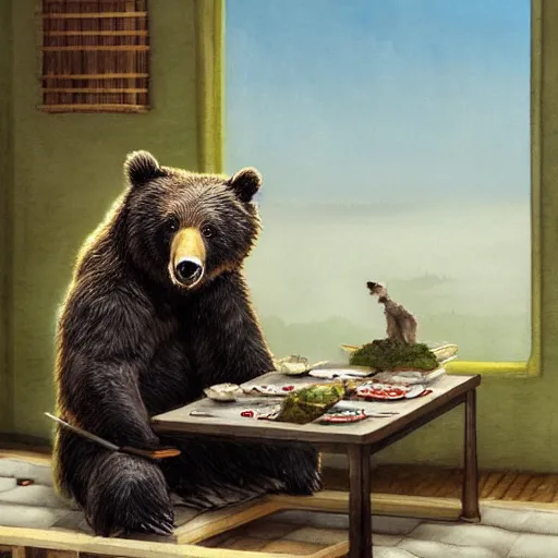 Image similar to bear eating sushi with chopsticks, a detailed matte painting by anton pieck, deviantart contest winner, fantasy art, concept art, official art, matte drawing