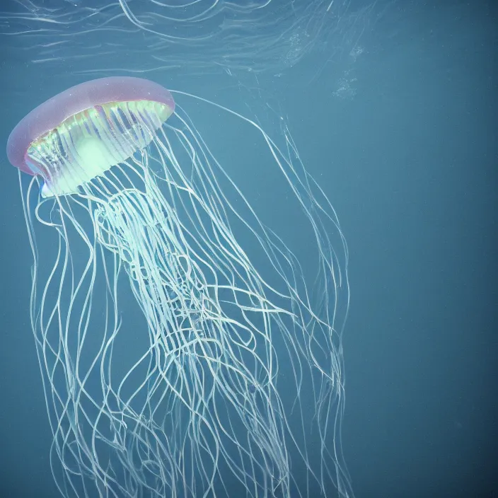 Image similar to a luminescent deep ocean ribbon jellyfish, cestum veneris, playing a vintage fender stratocaster, underwater photography : :