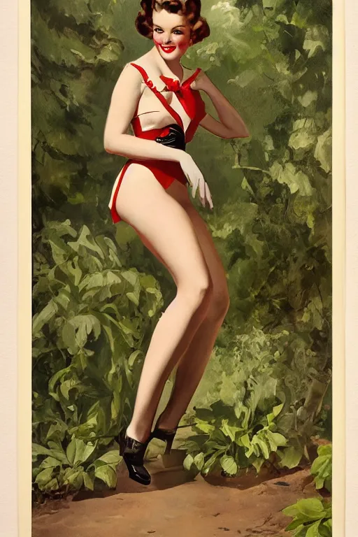 Image similar to a portrait one full body pin up post war dressing a military unioform,garden backgound Gil Elvgren style,center composition,anatomic correct