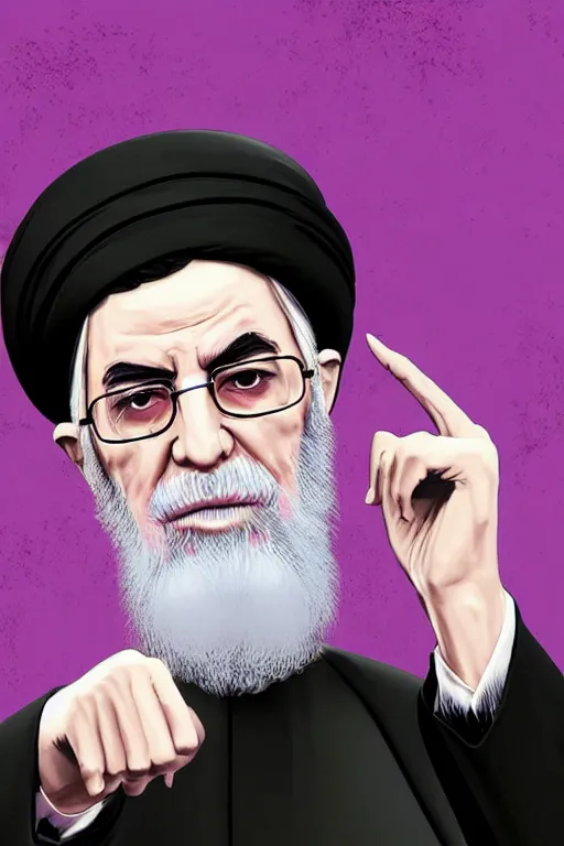 Prompt: khamenei, with quotes : destroy destroy america, pointing index finger, justify content center, hyperrealistic anatomy content, violet polsangi pop art, gta chinatown wars art style, extreme quality masterpiece, bioshock infinite art style, incrinate, 2 color, white frame, content balance proportion