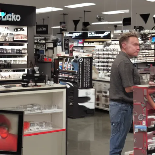 Prompt: Radioshack with a Grey Alien behind the counter selling products in the store, real cinematic shot very detailed