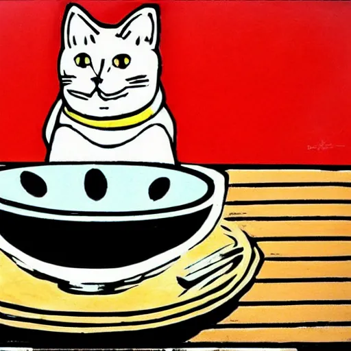 Image similar to a cat sitting at a table next to a cup of coffee, a pop art painting by art spiegelman, flickr, pop art, pop art, woodcut, lowbrow