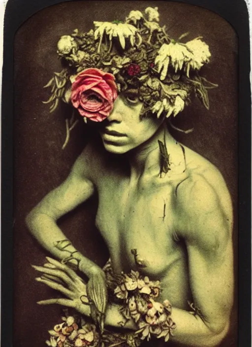 Image similar to beautiful and detailed rotten woman made of plants and many different types of flowers, muscles, intricate, organs, ornate, surreal, john constable, guy denning, caravaggio, 1 9 1 0 polaroid photo