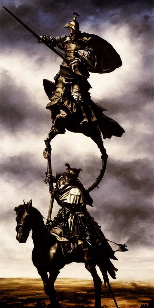 Prompt: a medieval don quixote walking alone in the night during a stormcloud with Lamancha windmills in the distance dramatic airbrushed clouds over black background by Luis royo and Caravaggio airbrush fantasy 80s, realistic masterpiece