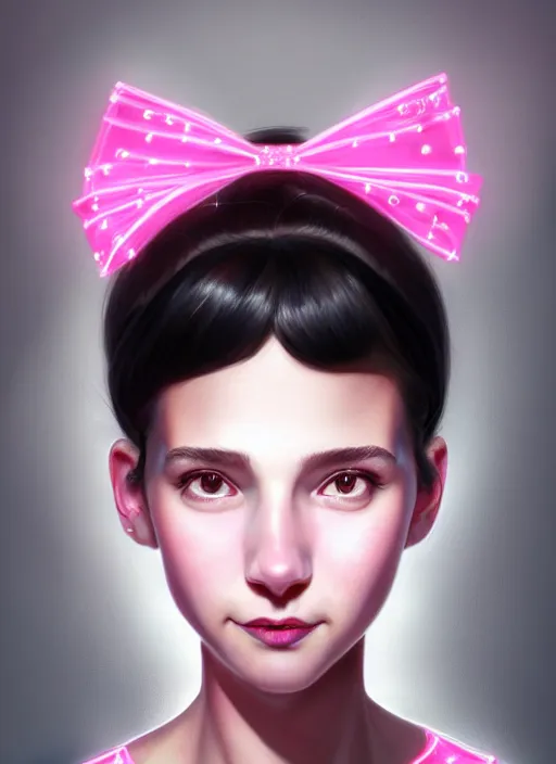 Image similar to portrait of high school girl, realistic, black hair, bangs, half updo hairstyle, pointy nose, skinny, smile, ugly, defined jawline, big chin, pink hair bow, earrings, intricate, elegant, glowing lights, highly detailed, digital painting, artstation, sharp focus, illustration, art by wlop, mars ravelo and greg rutkowski