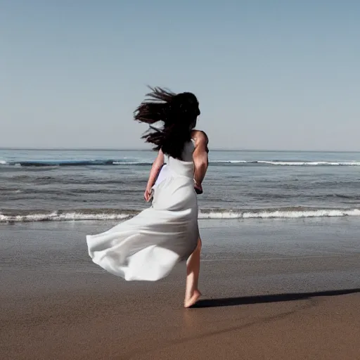 Image similar to dark haired woman in a white dress running on the beach