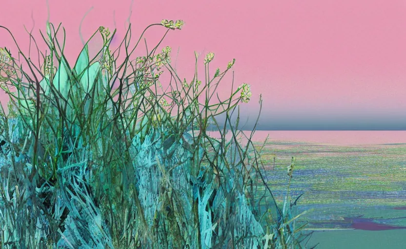 Image similar to one single stand alone huge hyperdetailed minimalist elaborate blooming plant, seen from the long distance. by the sea. maximalist unexpected elements. free sky in plain natural warm tones. 8 x 1 6 k hd mixed media 3 d collage in the style of a childrenbook illustration in pastel tones. matte matte background. no frame hd