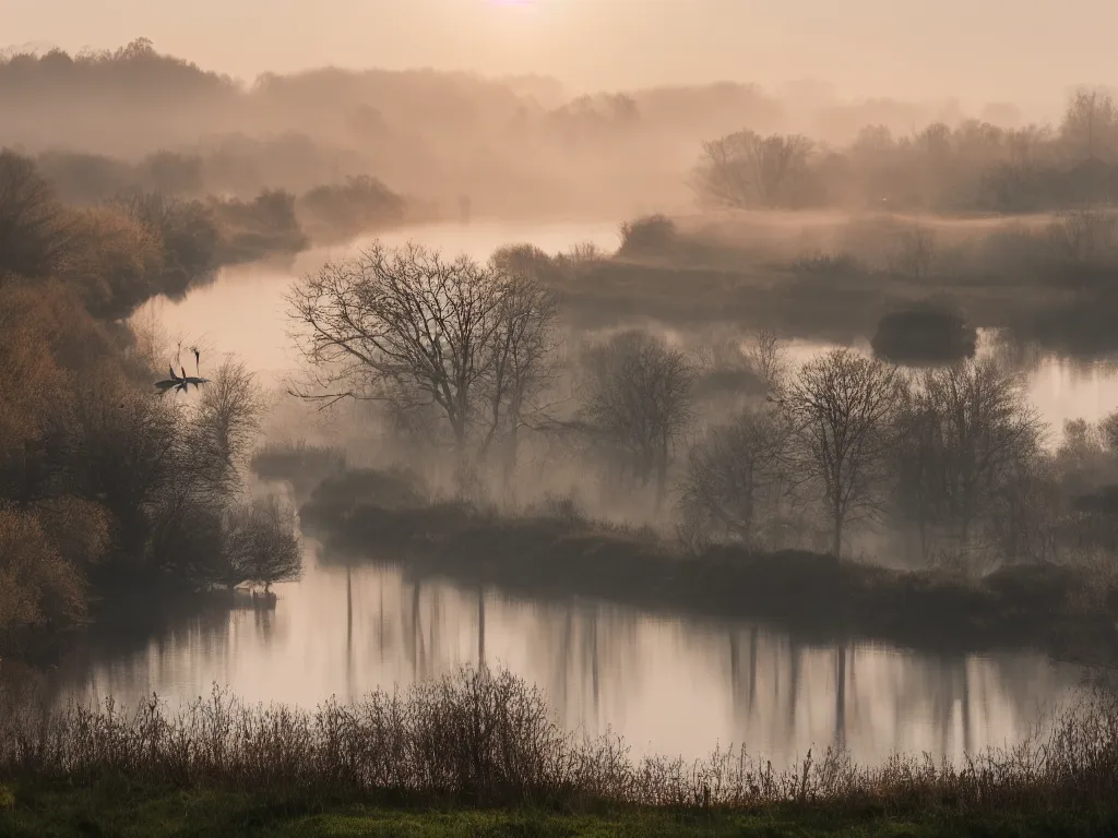 Image similar to A landscape photo taken by Kai Hornung of a river at dawn, misty, early morning sunlight, cold, chilly, two swans swim by, rural, English countryside