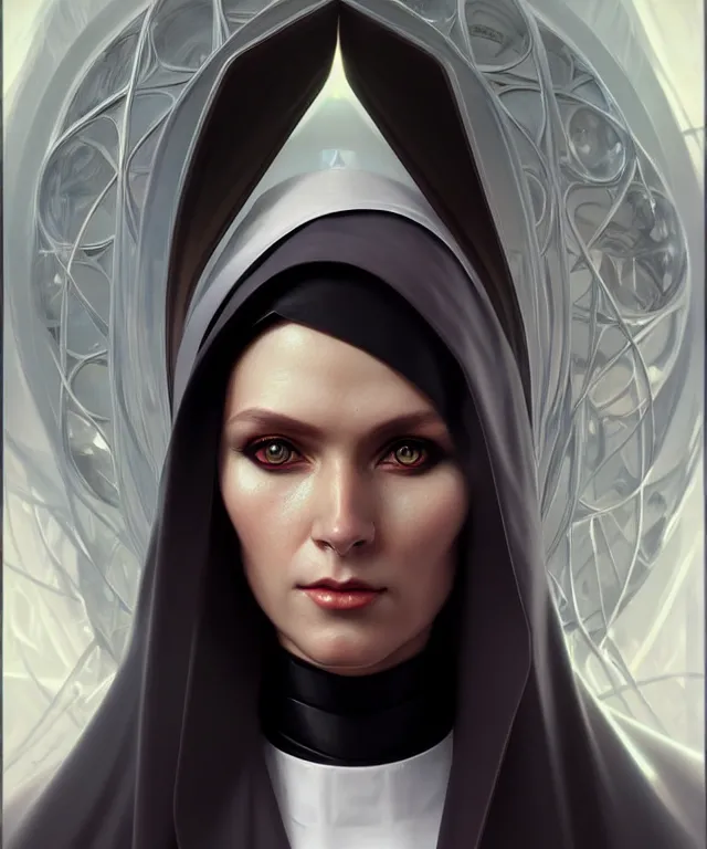 Image similar to futuristic nun woman portrait, sci - fi, amber eyes, face, long hair, fantasy, intricate, elegant, highly detailed, digital painting, artstation, concept art, smooth, sharp focus, illustration, art by artgerm and greg rutkowski and alphonse mucha