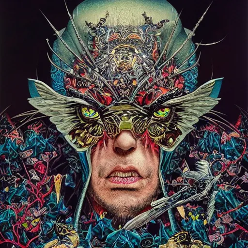 Image similar to portrait of crazy birdman, symmetrical, hyper detailed, by yoichi hatakenaka, masamune shirow, josan gonzales and dan mumford, ayami kojima, takato yamamoto, barclay shaw, karol bak, yukito kishiro