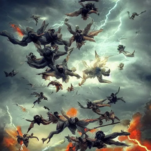Prompt: thousands of rebel angels falling from heaven as meterorites, epic lighting, disaster clouds, michael bay style