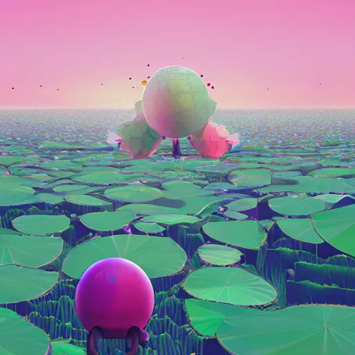 Image similar to a huge lotus in the center of a meadow of various colors. bright sunny day, in the style of katamari damacy, scattered glowing pink fireflies, soft vaporwave liminal aesthetic. 3 d blender by tomer hanuka, greg rutkowski, beeple, sharp focus, digital painting, concept art