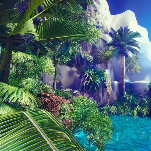 Image similar to vaporwave oasis, high detail, rendered in unreal engine, 3d render, god rays, volumetric lighting, award winning, vegetation