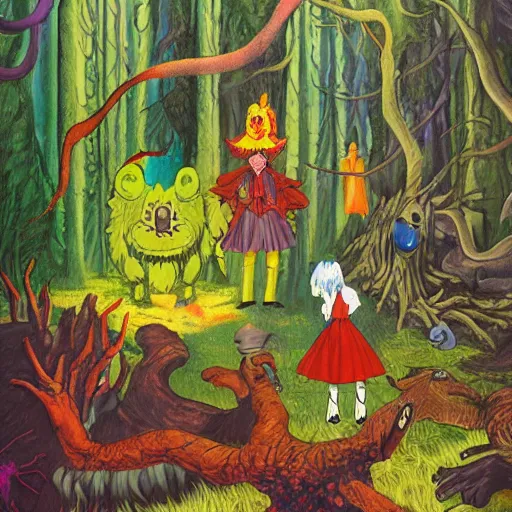 Image similar to a scene of colorful cartoon monsters in the clearing of a dark fantasy forest surrounded by darkness. hyperrealist illustration. muted colors. 1 9 7 0's pulp science fiction and fantasy cartoon for alice in wonderland and wizard of oz. richly colored painting by don ivan punchatz.