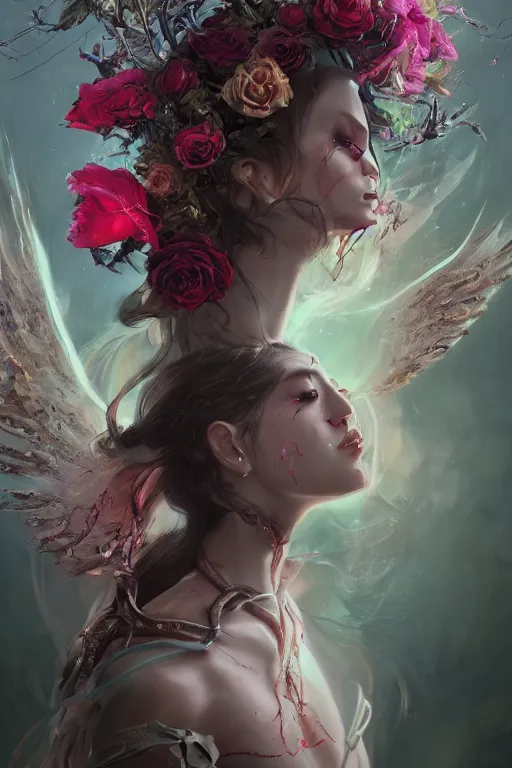 Prompt: face closeup of beautiful girl necromancer, witch - doctor exploding into flowers, angels, 3 d render, hyper - realistic detailed portrait, holding fire and electricity, forest, wings, roses, leaves and magic, ruan jia, wlop. scifi, fantasy, magic the gathering, hyper detailed, octane render, concept art, peter mohrbacher