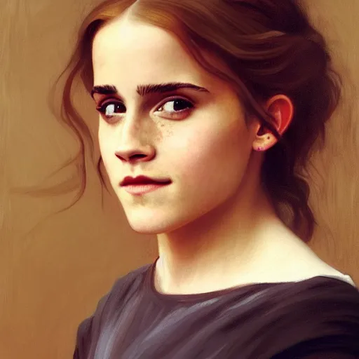 Image similar to Painting of Emma Watson as Hermione Granger. Wearing Hogwarts!!! robes!!!. Smiling. Happy. Cheerful. Art by william adolphe bouguereau. During golden hour. Extremely detailed. Beautiful. 4K. Award winning.