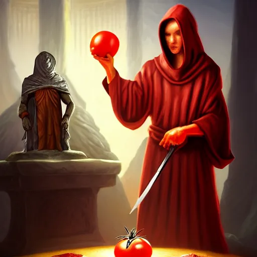 Prompt: a hooded cultist is stabbing a tomato placed on an altar, in front of a stone statue of a forgotten god, by patrick mcenvoy and michael komarck and fantasy flight, incredible quality, trending on artstation