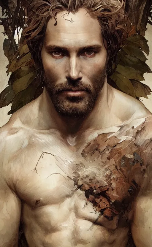 Image similar to portrait of the god of the forest, 30 years old, rugged, male, gorgeous, detailed face, amazing, thighs!!!!!!, muscular, intricate, highly detailed, digital painting, artstation, concept art, sharp focus, illustration, art by greg rutkowski and alphonse mucha