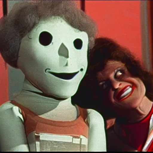 Image similar to 1976 color archival photo of a woman and a puppet that looks like Caspar the Friendly Ghost, in a sidewalk cafe, 16mm film soft color, earth tones and some primary colors 1976, archival footage, in style of doris wishman russ meyer, woman looks like gilda radner